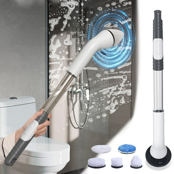 Cevemin Handheld Multifunctional Electric Bathroom Cleaning Brush Set with Long Handle and Auto Rotation - 5 Replaceable Brush Heads and USB Charging for Household Use