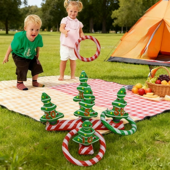 Cevemin Inflatable Christmas Tree Quoits Game - Multicolor PVC Holiday Toss Ring Set for Indoor Outdoor Xmas Party Decorations, 22.05 x 22.05 x 9.45 Inches