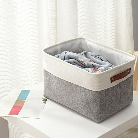 Cevemin Linen Fabric Storage Basket - Double Patchwork Household Organizer for Clothes Quilt with Handles, Gray