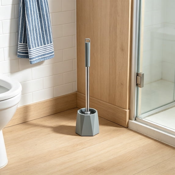 Cevemin Long Handle Plastic Toilet Brush with Storage Base, Dense Stiff Bristle Bathroom Toilet Bowl Cleaning Tool White Gray Green