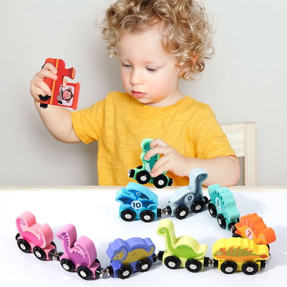 Cevemin Magnetic Wooden Train Set - Dinosaur Themed Building Blocks with Easy Assembly for Creative Play