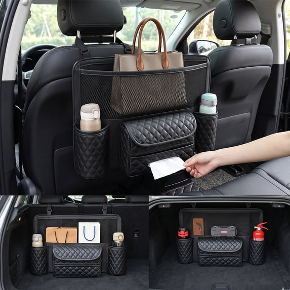 Cevemin Multi-Functional Faux Leather Car Seat Storage Organizer, Backseat Hanging Bag with Cup Holder Tissue Pocket Between Front Seats