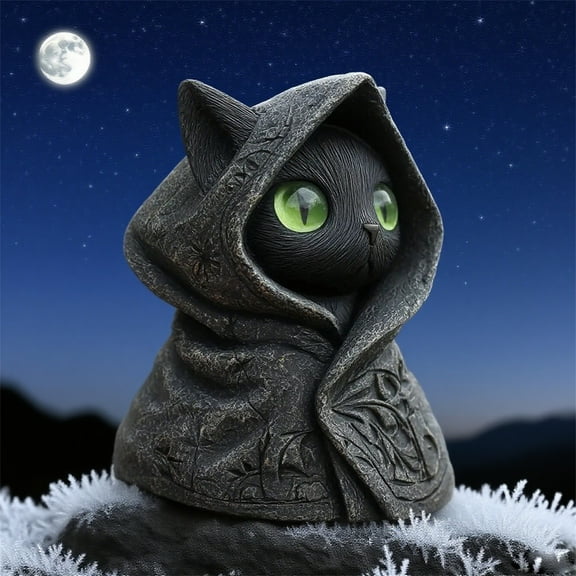 Cevemin Mysterious Hooded Cat Statue Halloween Decor - Durable Resin Home & Office Sculpture, Unique Gift for Art Lovers