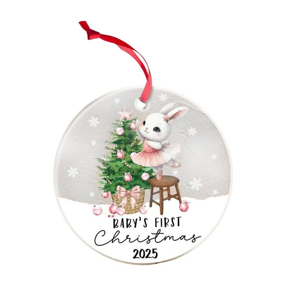 Cevemin Personalized 2025 Acrylic First Christmas Baby Ornament - Commemorative Pendant with Christmas Tree & Animals Design, Red Ribbon for Xmas Tree Holiday Home Decor