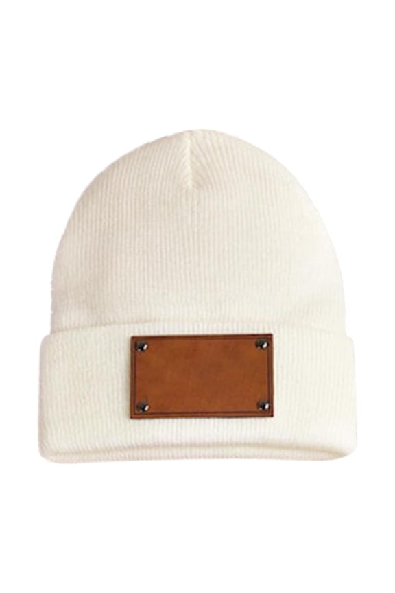 Personalized Name Embroidery Knitted Hat with Leather Patch - Warm Polyester Beanie for Autumn Winter Season Daily Use Travel Home Holiday