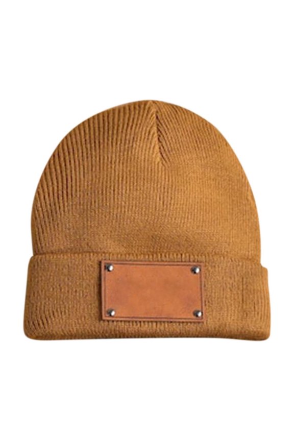 Personalized Name Embroidery Knitted Hat with Leather Patch - Warm Polyester Beanie for Autumn Winter Season Daily Use Travel Home Holiday