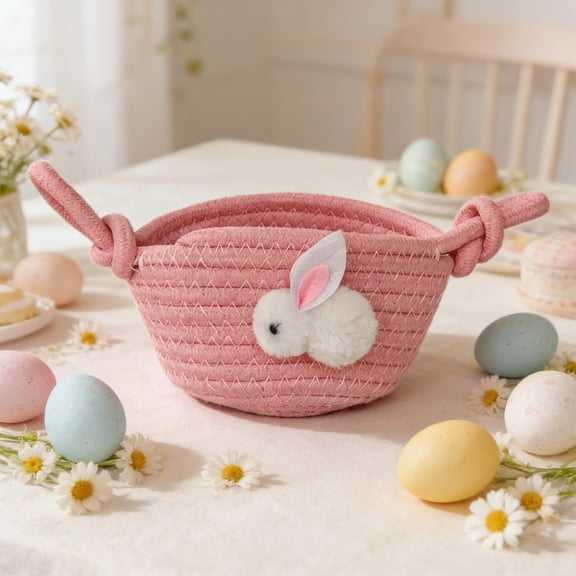 Cevemin Pinky Bunny Easter Basket - Rope Woven Easter Basket for Easter Egg Hunts Candy Toy Storage Easter Gift Basket