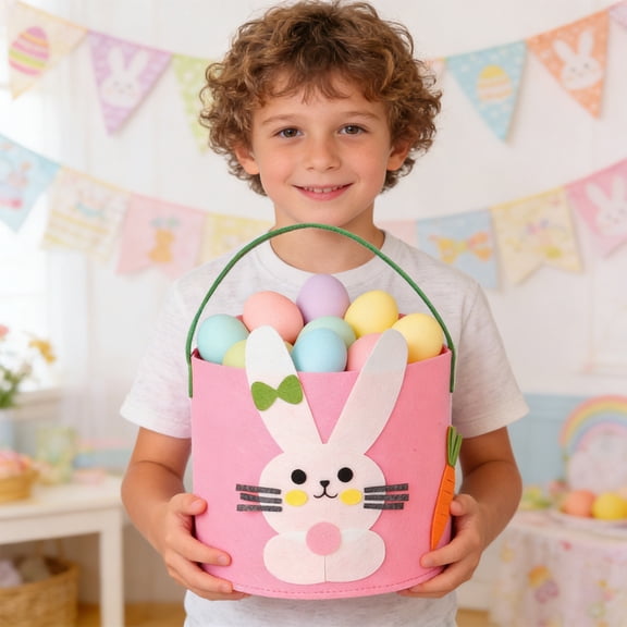 Cevemin Polyester Easter Basket with Bunny Design - Handheld Blanket Bag for Easter Egg Hunt and Gift Giving