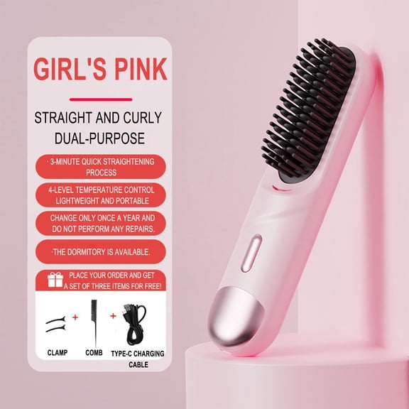 Cevemin Portable Rechargeable Hair Straightener Comb Brush - 2-in-1 Straightener and Curler with Adjustable Temperature Control, Negative Ion Technology, Ceramic Heating for Frizz Reduction
