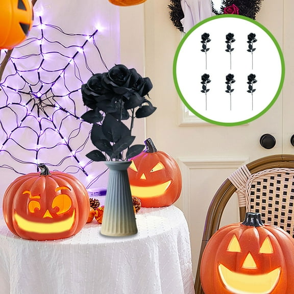 Cevemin Premium Gothic Black & Red Artificial Silk Roses for Halloween Decorations – Realistic Flowers (6pcs, 14.17 Inch)