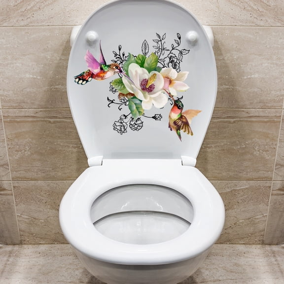Cevemin Removable Flower Bird Pattern Toilet Seat Wall Cling Sticker Self Adhesive Tile Glass Bathroom Decor Decal Easy Peel Off No Trace