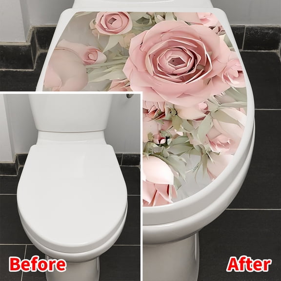 Cevemin Removable Flower Pattern Toilet Lid Wall Cling Sticker Self Adhesive Tile Glass Bathroom Decor Decal Easy Peel Off No Trace