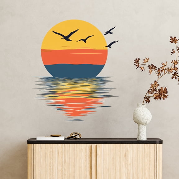 Cevemin Romantic Seaside Sunset Wall Sticker - Green Plants Vines Pattern Plastic Decals for Bathroom Home Decor, DIY Crafts Art Supplies