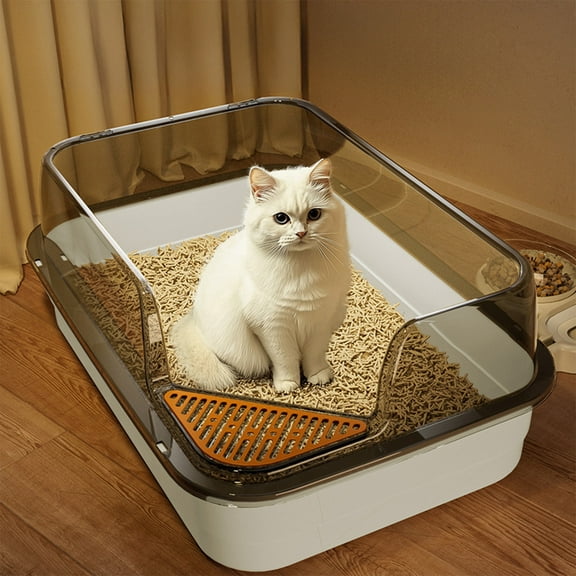 Cevemin Semi-Enclosed High Bar Cat Litter Box with Splash Proof Design - 17.7x11.8x6.6 inch Plastic Pet Toilet Pot with Matching Scoop for Home Use