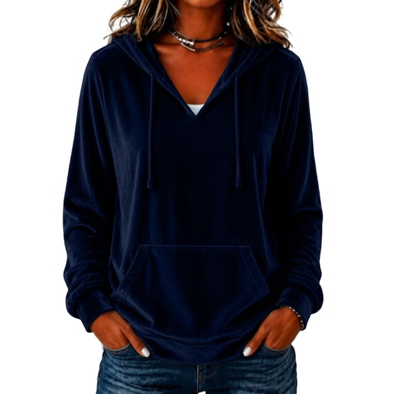 Women Velvet Velour V‑Notch Hooded Pullover Sweatshirt, Vintage Loose Relaxed Solid Plain Fall Top with Drawstring Hood & Kangaroo Pocket Navy,S