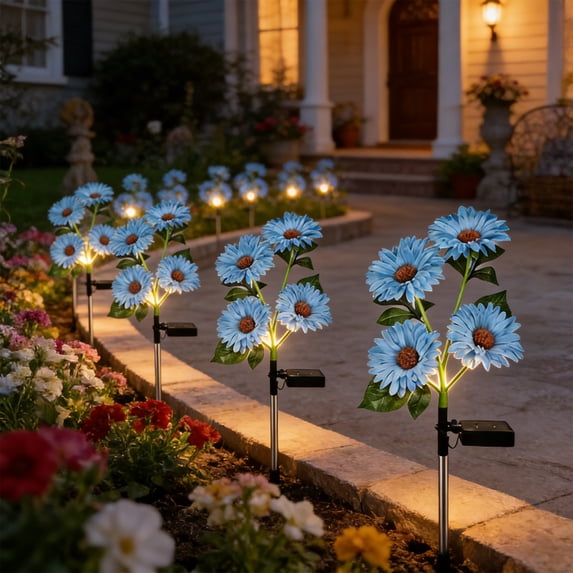 Cevemin Solar Powered Daisy Garden Stake Lights Outdoor Waterproof Landscape Pathway Lawn Lamp Courtyard Patio Decorative Atmosphere Night Light