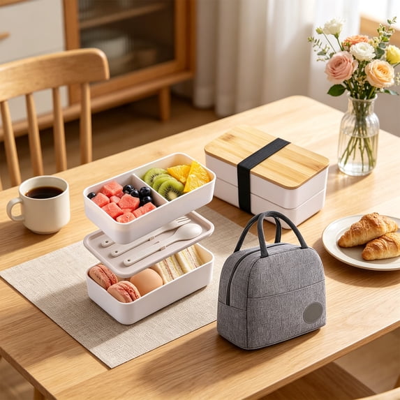 Cevemin Square Lunch Box Bento Box Insulated Food Container Set - Double Layer Plastic Lunch Box Set with 2 Compartments, Black/White, 7.18 x 4.13 x 3.54 Inches for Work, Office, Picnic