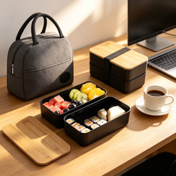 Cevemin Square Lunch Box Bento Box Insulated Food Container Set - Double Layer Plastic Lunch Box Set with 2 Compartments, Black/White, 7.18 x 4.13 x 3.54 Inches for Work, Office, Picnic