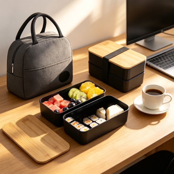 Cevemin Square Lunch Box Bento Box Insulated Food Container Set - Double Layer Plastic Lunch Box Set with 2 Compartments, Black/White, 7.18 x 4.13 x 3.54 Inches for Work, Office, Picnic