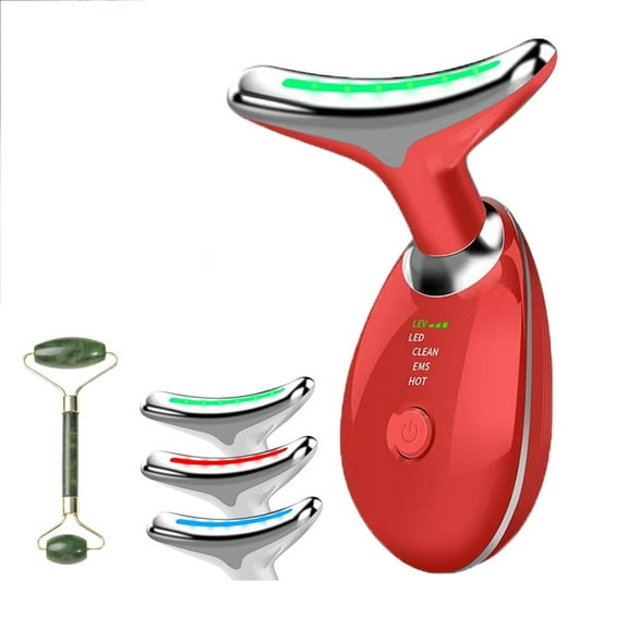 Cevemin Three-Color Light Therapy Neck Massager with Dual Head Smooth Stone Roller - High-Frequency Sound Wave Rejuvenation Device for Facial and Neck Care, Wrinkle Reduction Treatment