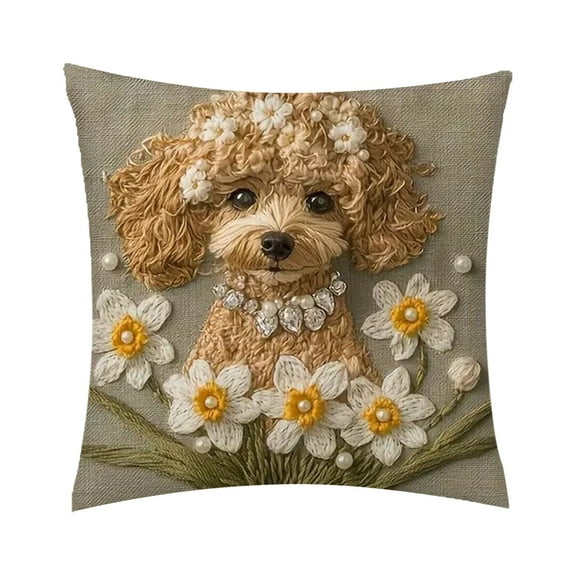 Cevemin Throw Pillowcase 18Inch Cute Dog Embroidery with Floral Print, Soft Short Lint Decorative Pillow Cover for Sofa Bedroom Living Room Home Decor