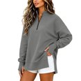 thumbnail image 1 of Women Oversized Loose Quarter‑Zip Mock Neck Sweatshirt, Side slit Long Sleeve Thumb‑Hole Cuffs, Side Hem Slits & Hidden Pockets, Solid Color Vintage Fall Pullover Top Gray,XXL, 1 of 9