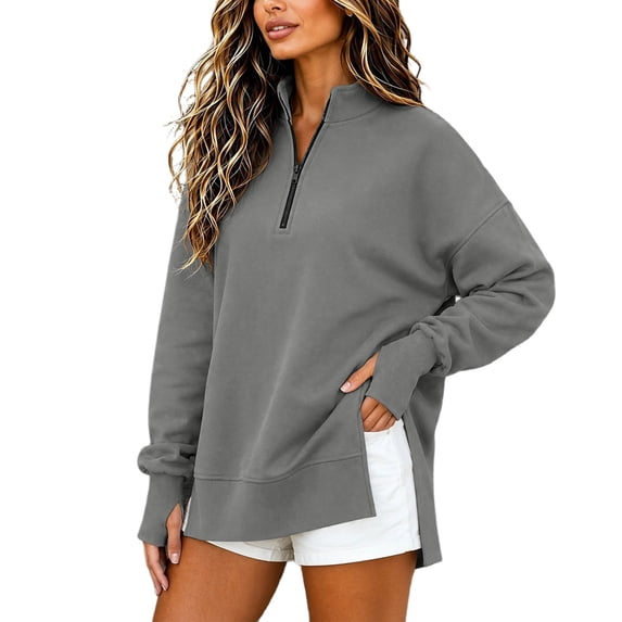Women Oversized Loose Quarter‑Zip Mock Neck Sweatshirt, Side slit Long Sleeve Thumb‑Hole Cuffs, Side Hem Slits & Hidden Pockets, Solid Color Vintage Fall Pullover Top Gray,XXL