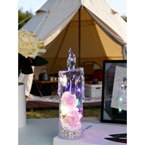 Cevemin Transparent Rose LED Electronic Candle Flameless Flickering Night Light Battery Powered Romantic Decor Lamp for Bedroom Wedding Party Home
