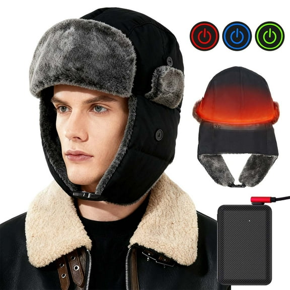 Cevemin USB Heated Trapper Hat for Men and Women - Adjustable 3-Level Heating Winter Ear Protection Cap with Faux Fur Lining & Water-Resistant Fabric for Skiing, Snowboarding, Hiking