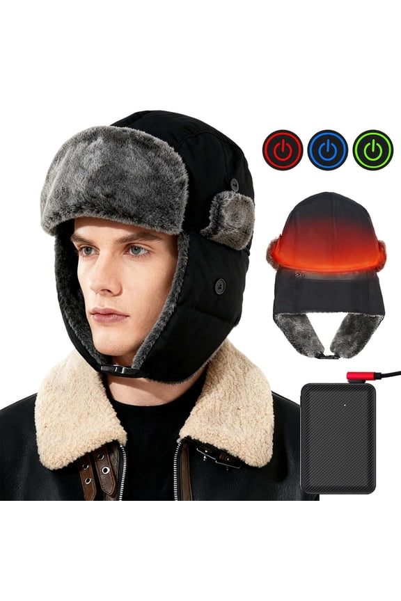 Cevemin USB Heated Trapper Hat for Men and Women - Adjustable 3-Level Heating Winter Ear Protection Cap with Faux Fur Lining & Water-Resistant Fabric for Skiing, Snowboarding, Hiking