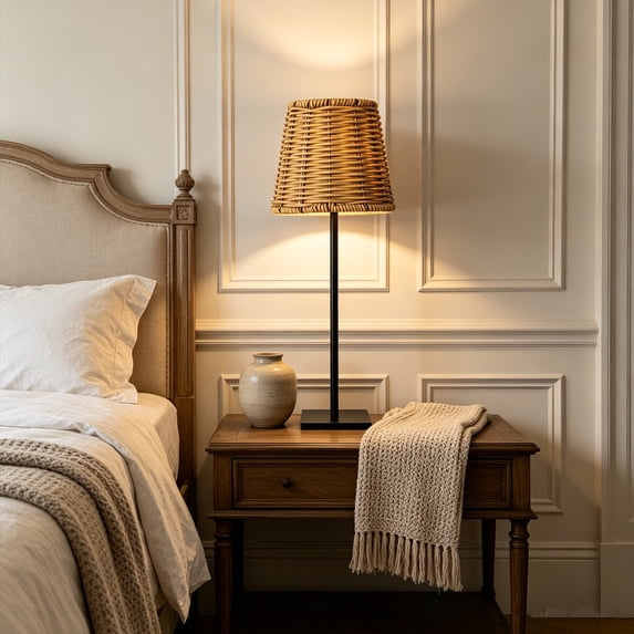Cevemin Vintage Rattan LED Table Lamp - USB Powered Rechargeable Touch Dimmable Bedside Lamp with Scalloped Woven Shade for Bedroom, Living Room, Patio Decor