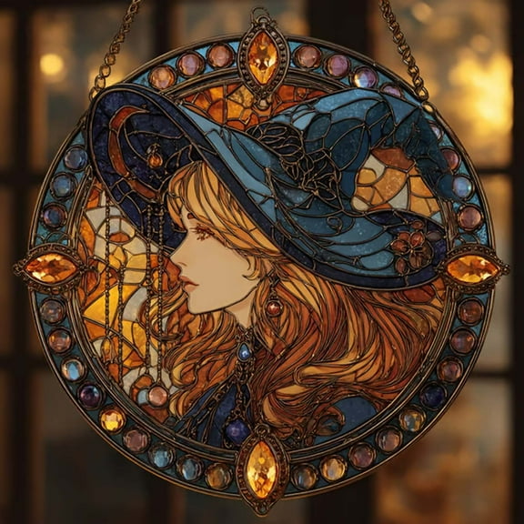 Cevemin Witch Face Suncatcher Ornament - Acrylic Multi-colored Window Hanging Decor 8x8 Inches for Home Mystical Theme