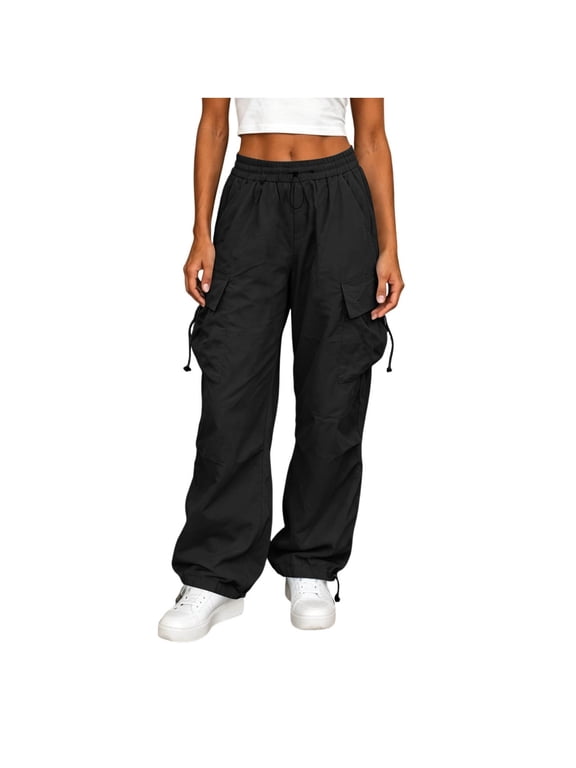 Women Drawstring Elastic Waist Cargo Parachute Pants with Multi Pockets Adjustable Ankle Cuff Wide Leg Trousers for Casual Daily Outdoor Streetwear Black,XXS