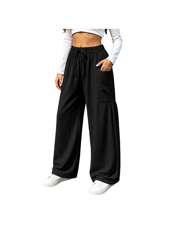 Women Drawstring Elastic Waist Paneled Wide Leg Pants with Patch Pockets Ruched Knee Textured Straight Trousers for Casual Daily Streetwear Black,S