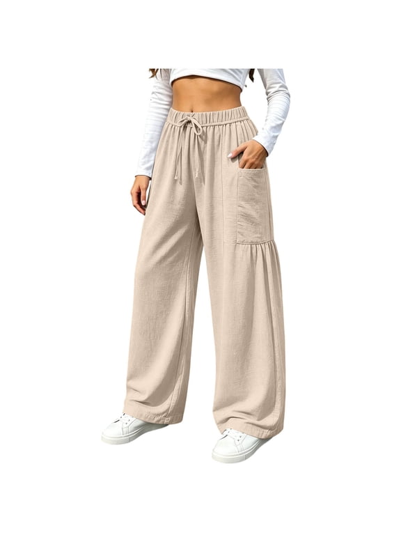 Women Drawstring Elastic Waist Paneled Wide Leg Pants with Patch Pockets Ruched Knee Textured Straight Trousers for Casual Daily Streetwear Khaki,S