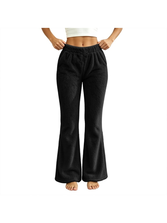 Women Elastic Waist Fuzzy Flare Pants Soft Bell Bottom Trousers for Casual Daily Loungewear Streetwear Winter Going Out Black,XXL