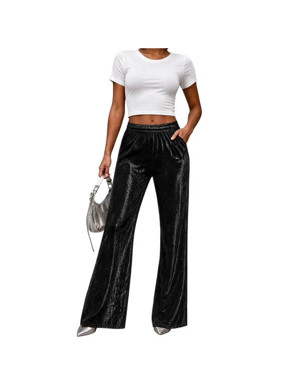 Women Elastic Waist Metallic Wide Leg Pants with Pockets Shiny Crinkled Straight Trousers for Party Club Going Out Evening Disco Black,XXL