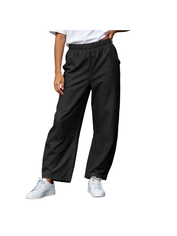Women Elastic Waist Paneled Straight Pants with Pockets Relaxed Fit Casual Trousers for Casual Daily Streetwear Outdoor Work Black,L