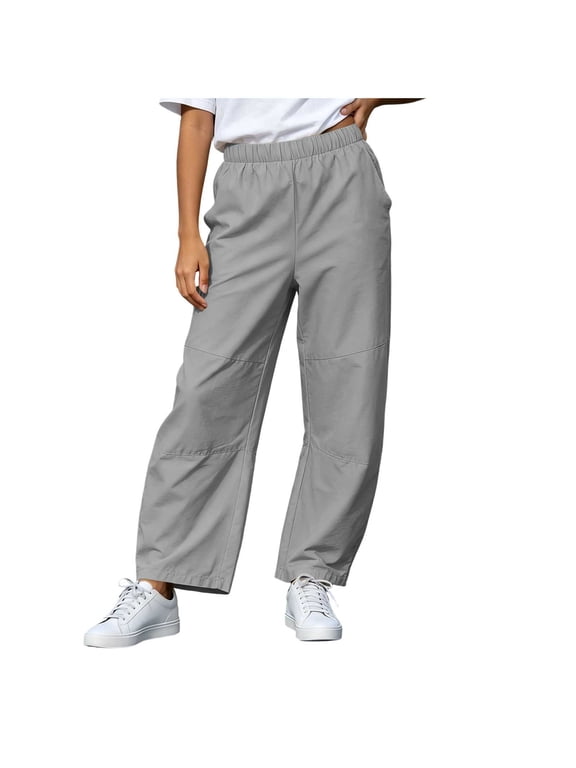 Women Elastic Waist Paneled Straight Pants with Pockets Relaxed Fit Casual Trousers for Casual Daily Streetwear Outdoor Work Gray,XXL