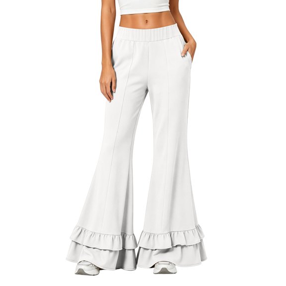 Cevemin Women Elastic Waist Ruffle Hem Flare Pants with Pockets Wide Leg Bell Bottom Trousers for Casual Daily Going Out Y2K Vintage Streetwear White,S