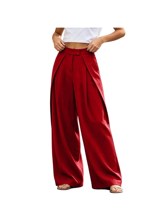 Women High Waist Double Pleat Wide Leg Trousers with Pockets Tailored Straight Dress Pants for Work Office Business Casual Red,M