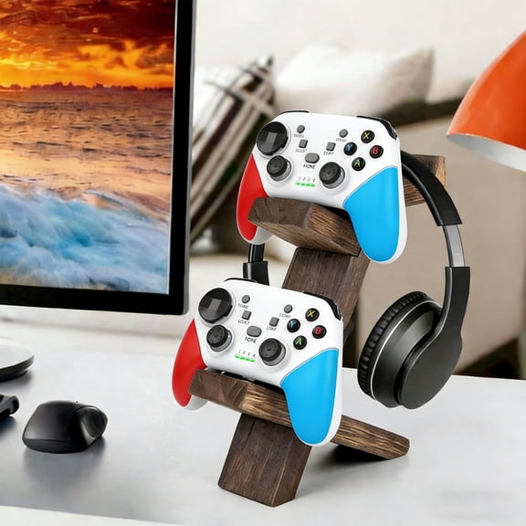 Cevemin Wooden Game Controller Stand and Headphone Stand - Solid Wood Display Rack for Desktop Organization and Decoration