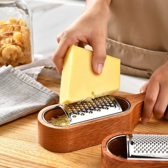 Cevemin Wooden Handle Cheese Grater Set - 3 Interchangeable Stainless Steel Tools for Cheese Ginger Garlic Vegetables with Catch Base