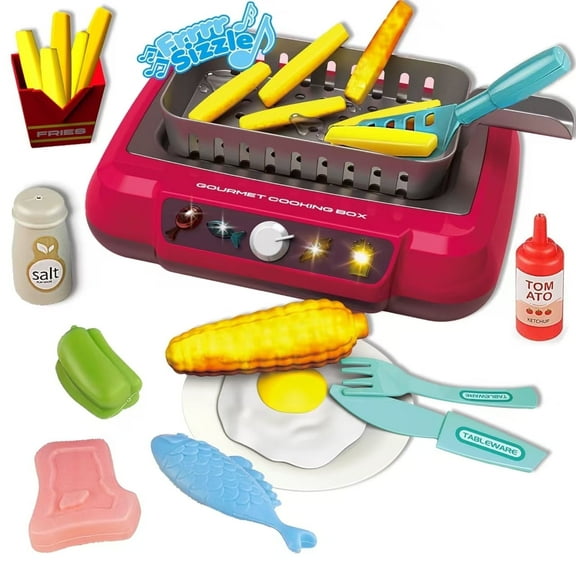 Play Kitchen Accessories Toy, Camping Cooking Toys with Color Changing Play Food, Kids Kitchen Playset with Sound&Light for Ages 3-5 5-7,Red