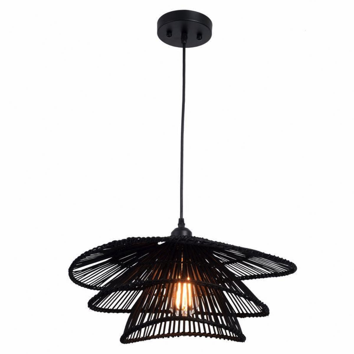 Ceybo 1-Light Black Woven Rattan Pendant Light, Tiered Hanging Chandelier with Adjustable Height for Dining Rooms, Kitchens & Living Spaces