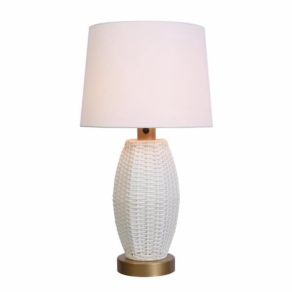 Ceybo 28" Outdoor/Indoor Table Lamp White and Gold Rattan Modern Boho Waterproof Lighting with White Drum Shade