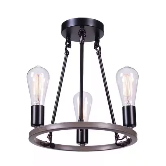 Ceybo 3-Light Black and Woodgrain Round Semi-Flush Mount, Farmhouse Ceiling Light