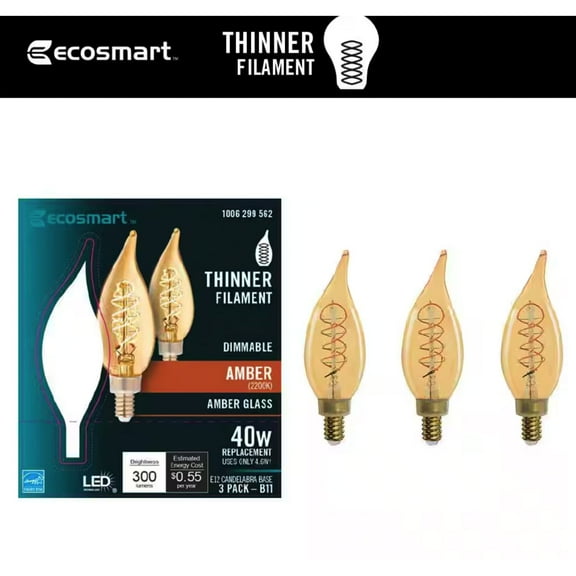 Ceybo 40-Watt Equivalent BA11 Dimmable E12 Candelabra Fine Bendy Filament LED Vintage Edison Light Bulb Amber (3-Pack)