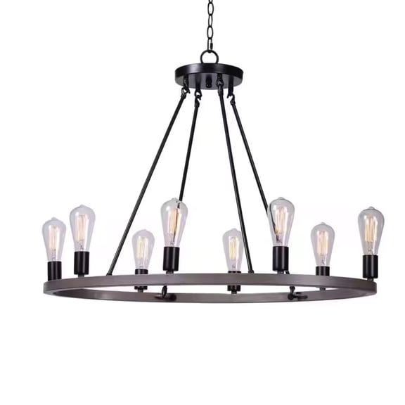 Ceybo 8-Light Black and Woodgrain Island Wagon Wheel, Industrial Farmhouse Dining Room Chandelier with Bulbs
