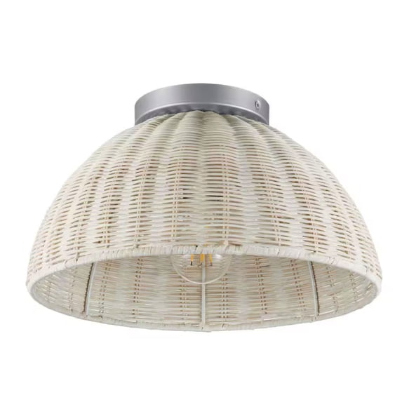 Ceybo Flush Mount Ceiling Light with White Rattan Shade – Boho Round Indoor Light Fixture, Silver Steel Frame, Dimmable, E26 Base – Modern Coastal Bohemian Home Décor